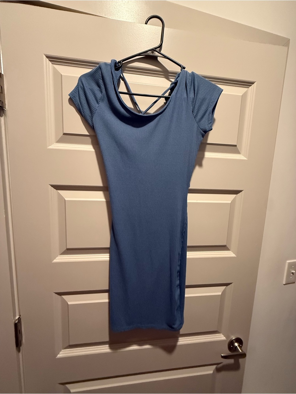 Ribbed Short Sleeve Bodycon Dress in Dusty Blue